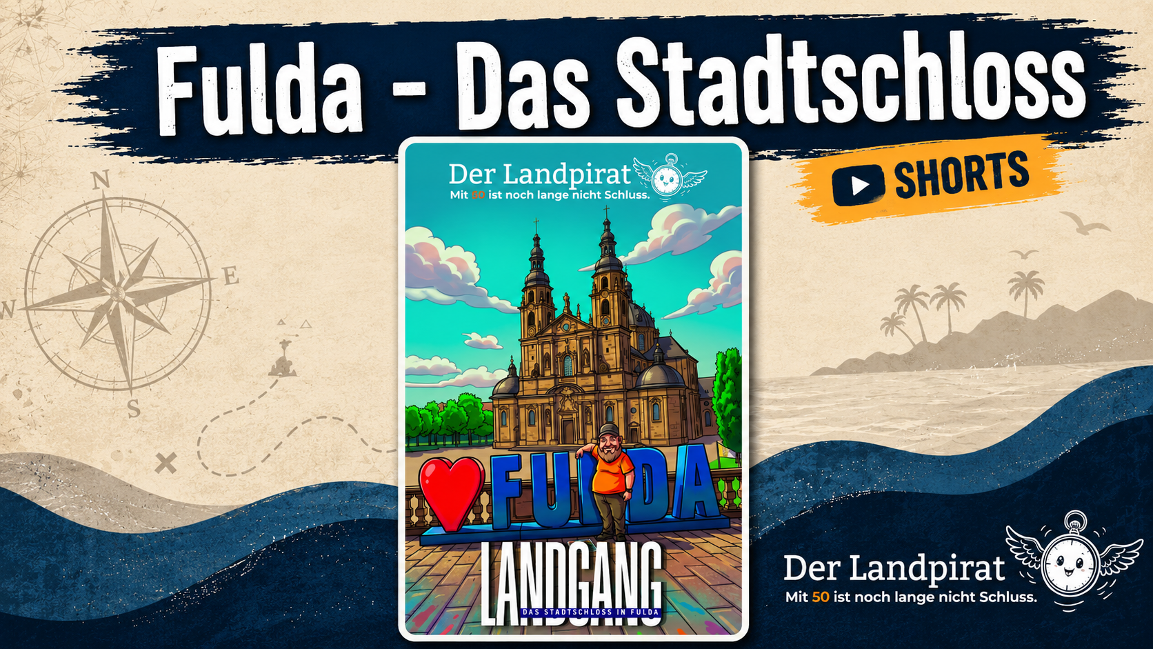 Comic-Illustration von Norbert Beck vor dem Dom zu Fulda, Landpirat-Logo und Text „Fulda – Das Stadtschloss SHORTS“.