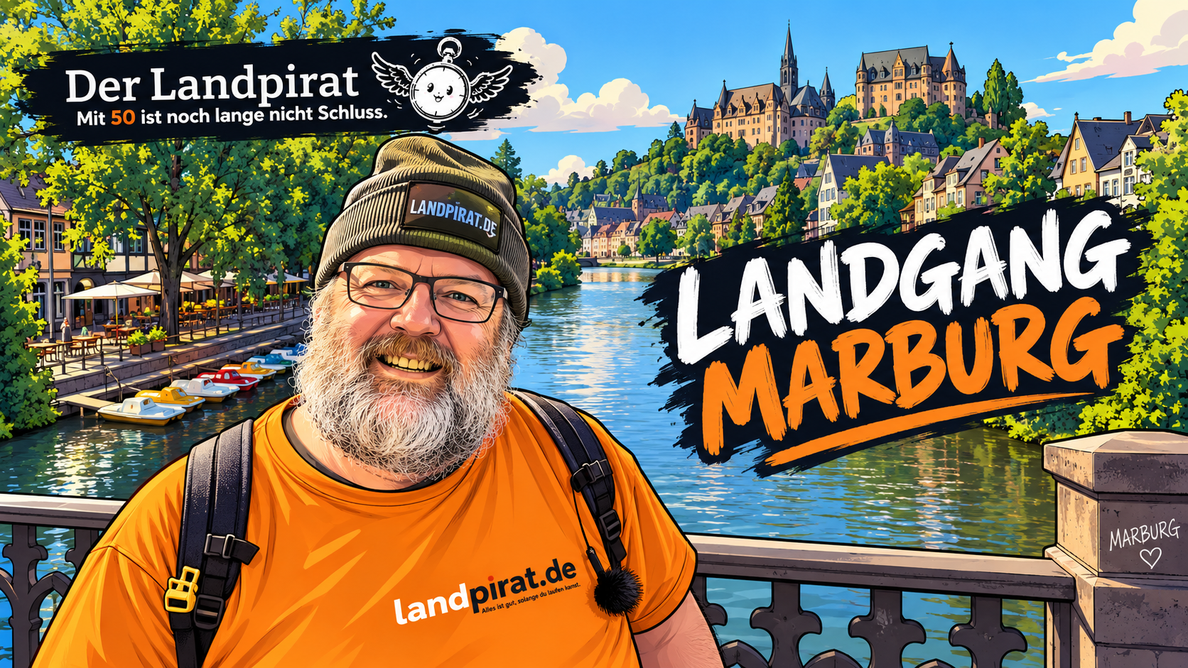 Norbert Beck auf einer Brücke, die Lahn und Marburg im Hintergrund, eine Überschrift "Landgang Marburg"